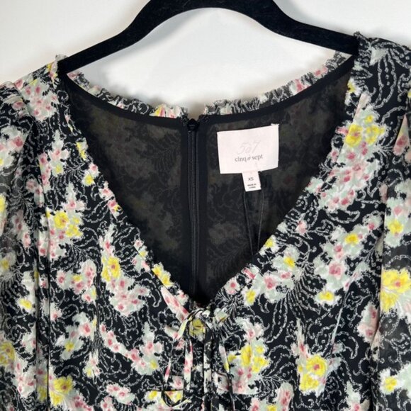 NWT cinq a sept Elastic Cuffs LS Vneck Tie Front Floral Sheer Kimberly Top XS - Picture 5 of 16